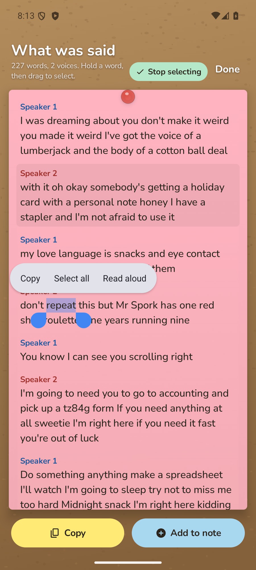 Android の文字起こしで言葉を選択しているところ。選択範囲の上に Copy と Select all、上部に Stop selecting がある