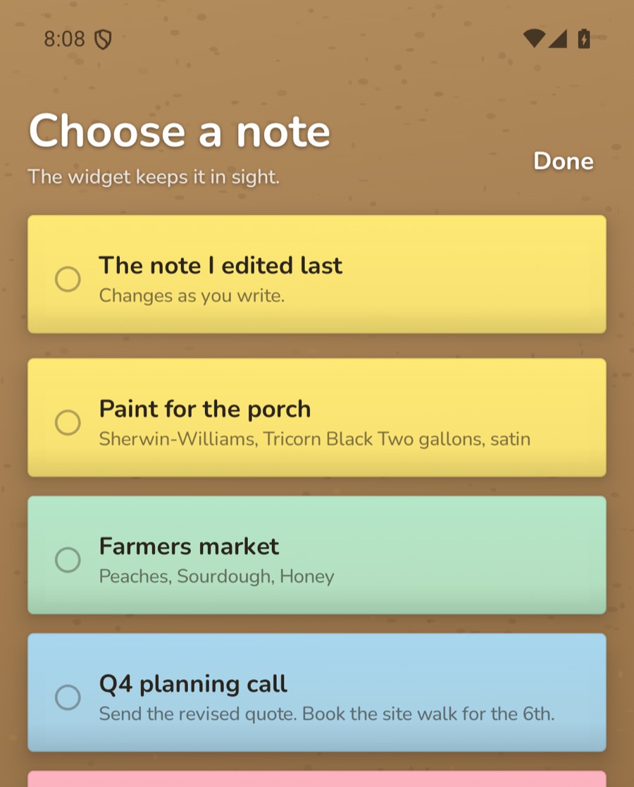 ウィジェットに表示するメモを一覧にした Android の Choose a note 画面。最上部に The note I edited last がある
