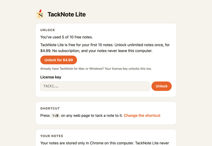 The TackNote Lite settings page with the unlock box, the shortcut and backups.