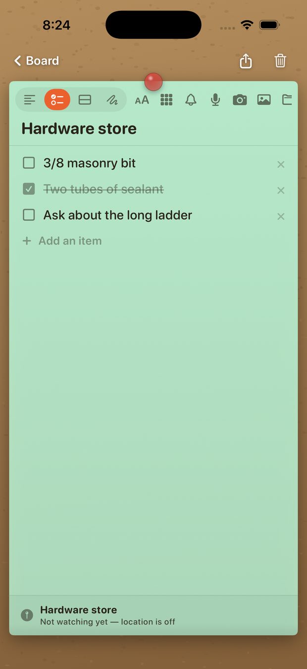 A checklist note on iPhone for a hardware store, with items ticked off.