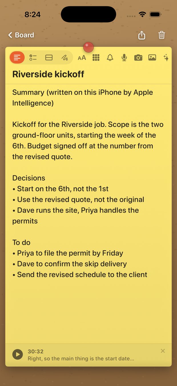 A meeting note on iPhone showing a written summary with decisions and action items, above a thirty minute recording.