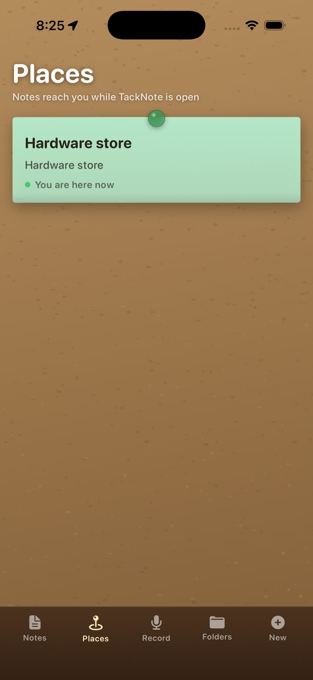 The Places screen on iPhone showing a note that says You are here now.