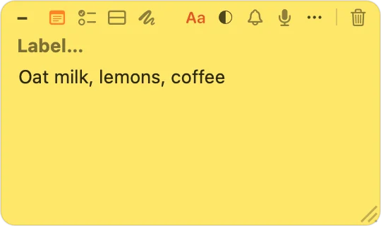 Die Werkzeugleiste einer Notiz in 1.3.2, mit Minimieren links und einer Papierkorb-Schaltfläche allein ganz rechts hinter einem Trenner.