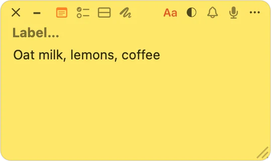 Die Werkzeugleiste einer Notiz in 1.3.1, mit einem kleinen X oben links neben der Minimieren-Schaltfläche.