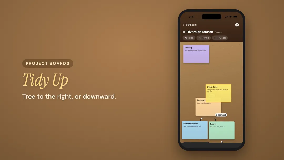 A Project Board on iPhone with notes connected by arrows, one labelled if approved, laid out as a tree.