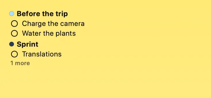 A medium To-dos widget listing open to-dos under two note titles, with 1 more at the bottom.