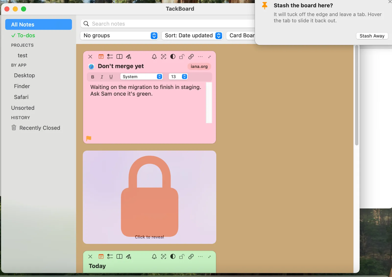 The TackBoard window showing note cards side by side, including a private note locked behind a padlock reading Click to reveal