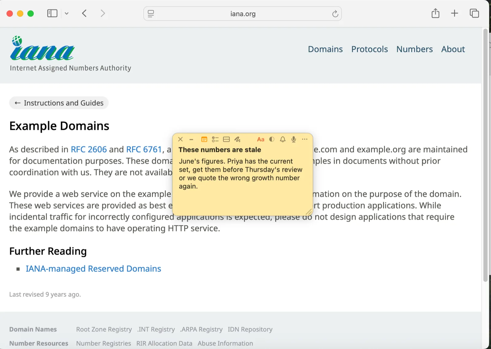 A yellow TackNote reading "These numbers are stale" pinned to a documentation page in Safari, with a pill showing it is bound to iana.org