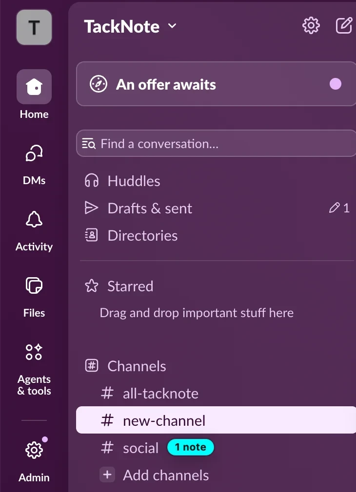 Slack's sidebar with a 1 note tag beside a channel