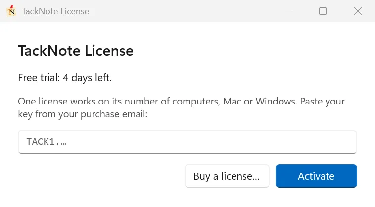 La finestra License di TackNote con una prova gratuita a cui restano 4 giorni, il campo della chiave, Buy a license e Activate