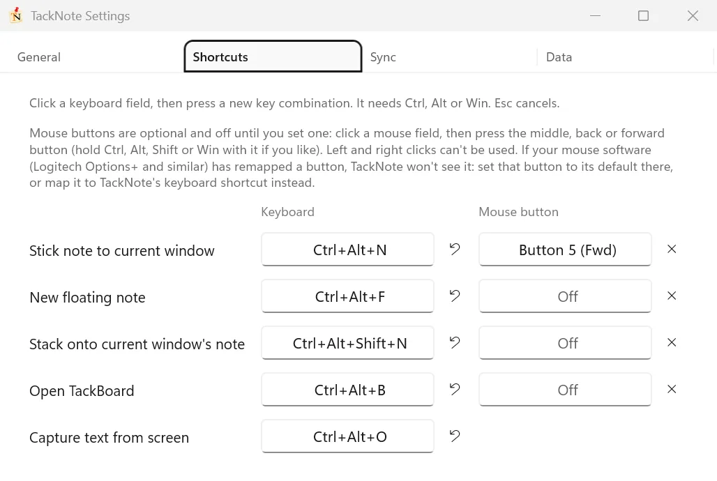 Le impostazioni di TackNote nella scheda Shortcuts, con cinque azioni e i relativi campi Keyboard e Mouse button