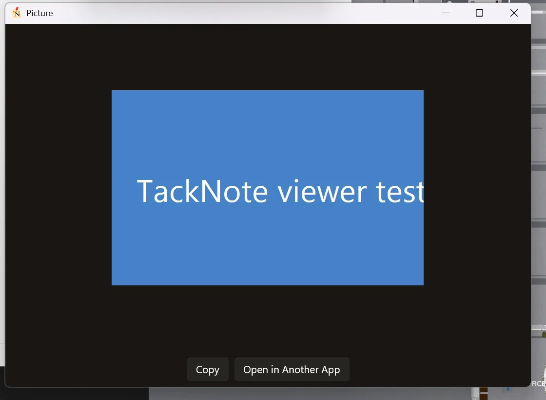 The TackNote picture viewer showing a picture fitted to its window, with Copy and Open in Another App