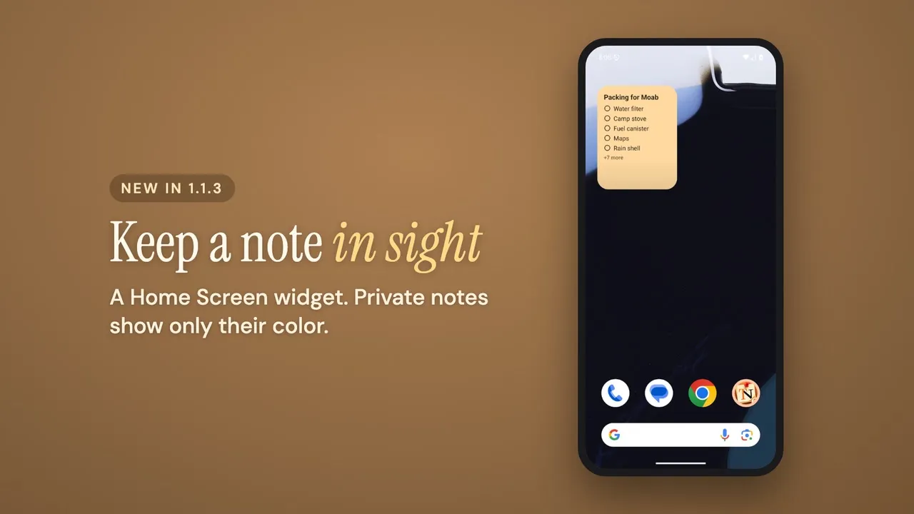 New in 1.1.3: a Home Screen widget keeps a note in sight.